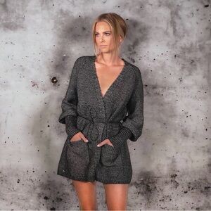 Elina Casell Grey Knit Oversized Balloon Sleeve Open Front Pockets Cozy Cardigan
